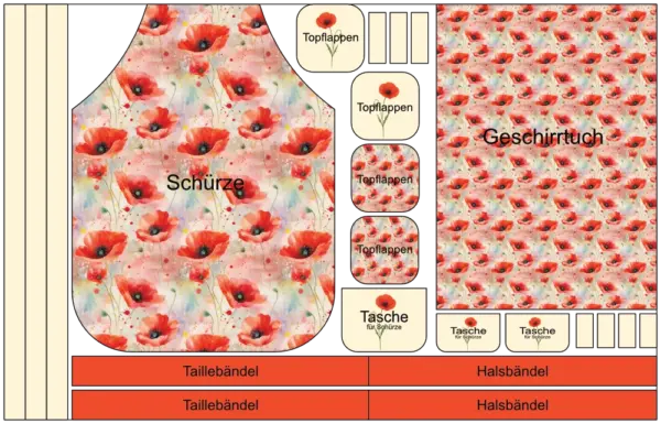 stoffpanel schürze & topflappen – nähset mohnliebe