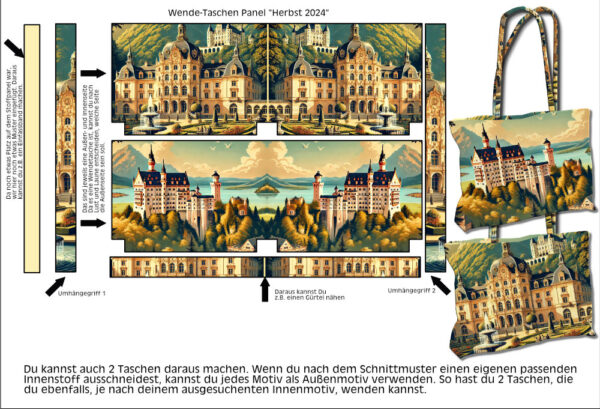 wendetasche „schloss liebe“ – stoffpanel mit motiven von märchenschlösser