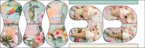Stoffpanel zum Nähen von Knochenkissen und Nackenkissen mit tropischen Sommermotiven wie Eis, Schildkröten, Segelbooten und Blumen