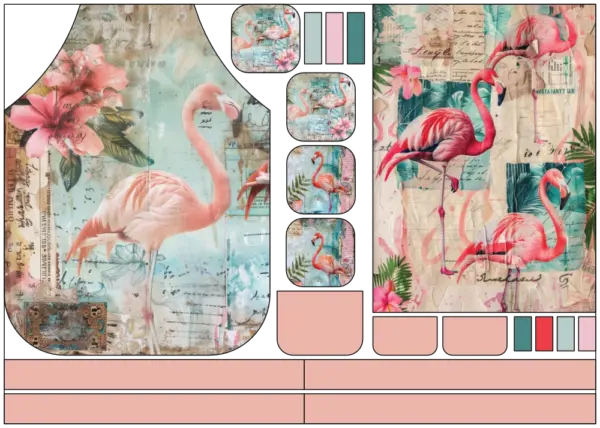 Stoffpanel zum Nähen einer Küchenschürze mit Flamingos, Topflappen und Geschirrtuch – DIY-Küchenset mit Taschen und Bindebändern