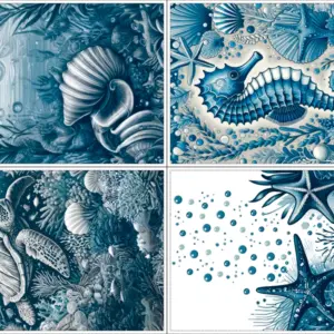 Stoffpanel zum Nähen von vier maritimen Geschirrtüchern mit Seepferd, Schildkröte, Muscheln und Korallen