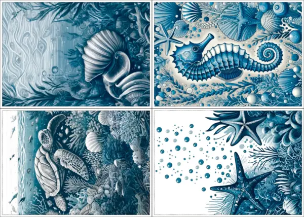 Stoffpanel zum Nähen von vier maritimen Geschirrtüchern mit Seepferd, Schildkröte, Muscheln und Korallen