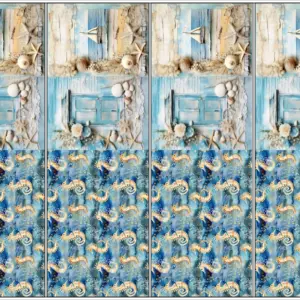 Wendbares Stoffpanel mit Meeres-Collage und Seepferdchen-Muster für DIY-Tischsets im Sommer-Look