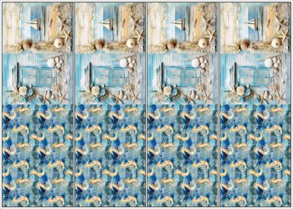 Wendbares Stoffpanel mit Meeres-Collage und Seepferdchen-Muster für DIY-Tischsets im Sommer-Look