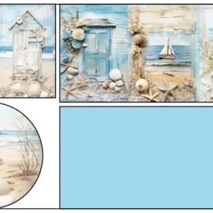 Stoffpanel mit Collagenmotiv: Muscheln, Segelboot, Strand und Holzoptik für kreatives Brotkörbchen im maritimen Look