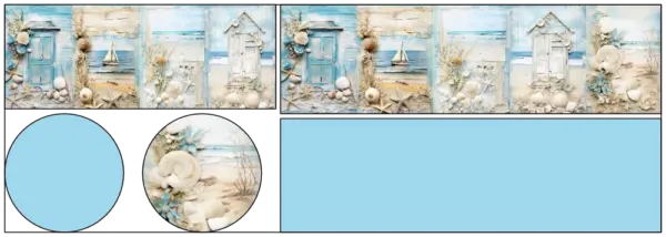 Stoffpanel mit Collagenmotiv: Muscheln, Segelboot, Strand und Holzoptik für kreatives Brotkörbchen im maritimen Look